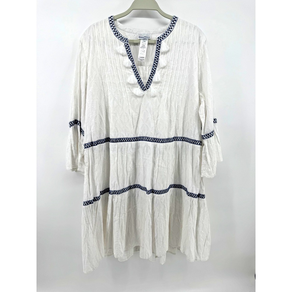 Tommy Bahama XL white embroidered tassel boho beach cover up dress resort tunic